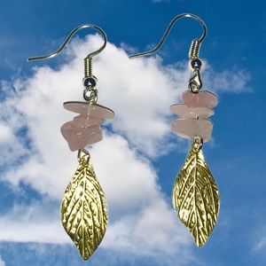 Rose quartz gold leaf handmade upcycled earings
